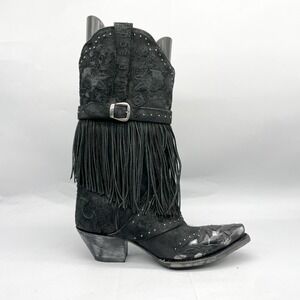Dan Post Womens 9M Bed of Roses Black Suede Fringe Western Boots Snip Toe Floral